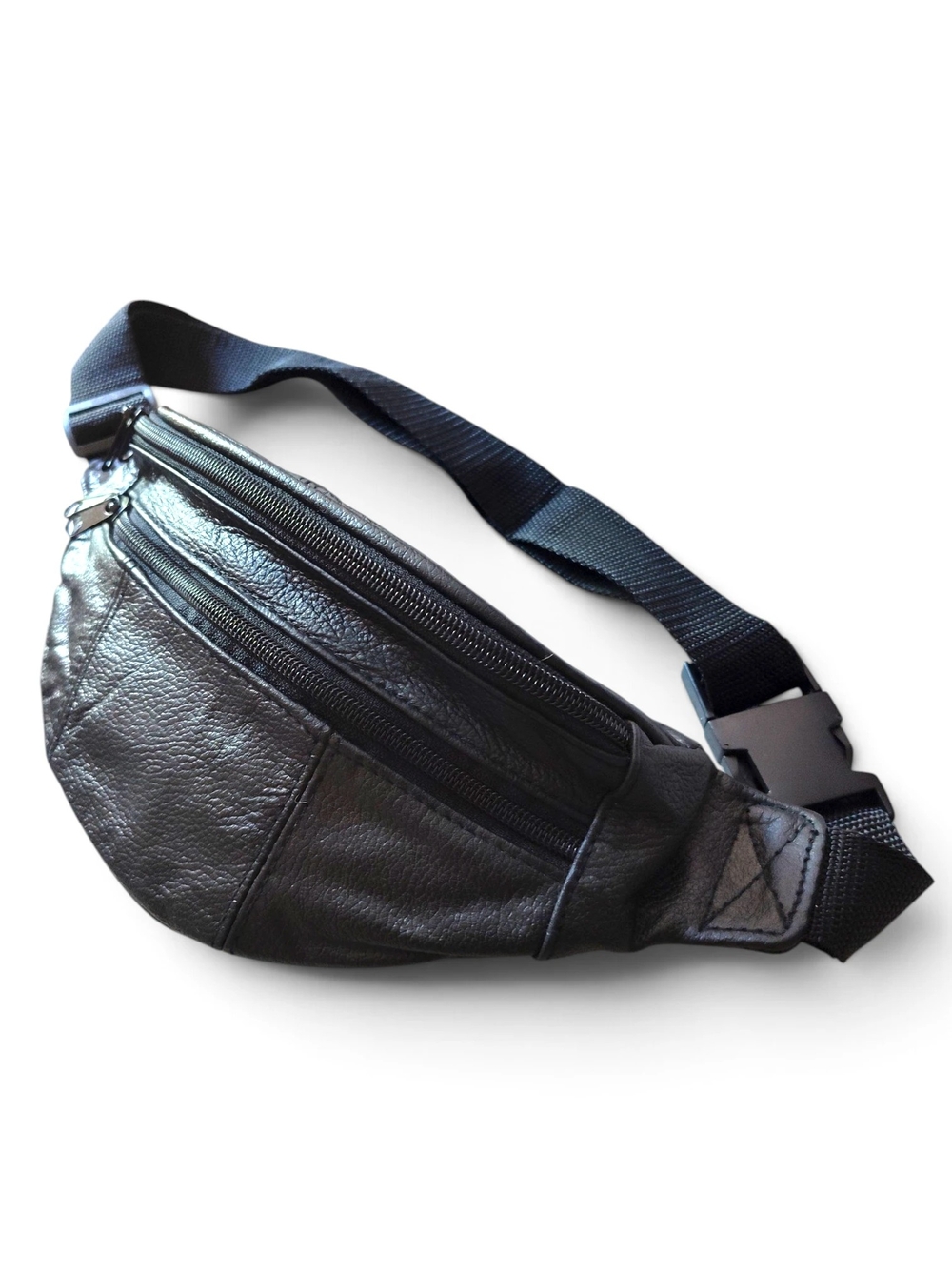 Vintage Genuine Black Leather Multi-Compartment Fanny Pack / Waist Bag Unisex